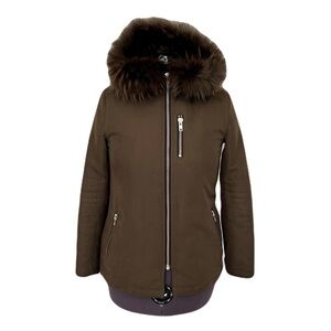 Anthropologie Doma Green Plush Lined Moto Jacket with Fur Trimmed Hood, Size XS